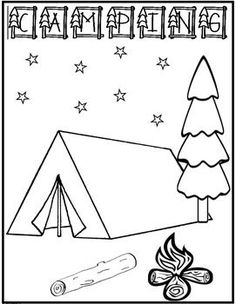 camping coloring page with tent and campfire in the foreground, stars on the background