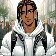 a man with dreadlocks standing in front of a group of people on a city street