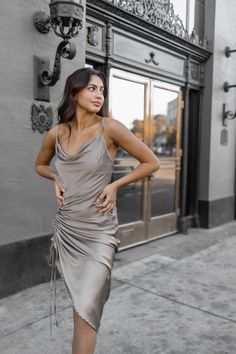 Cowl neck solid satin midi dress Mushroom taupe color Front side ruching drawstring detail Adjustable spaghetti straps 95% POLYESTER 5% SPANDEX Drawstring Detail, Satin Midi Dress, Taupe Color, Ruched Dress, New Arrival Dress, Girls Accessories, Sales Gifts, Cowl Neck, Girls Shoes