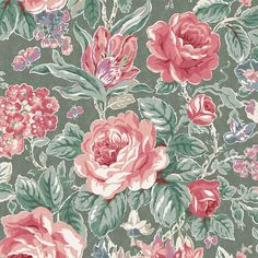 a floral wallpaper with pink flowers and green leaves