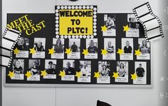 a black and white photo with yellow stars on it, next to a sign that says meet the cast