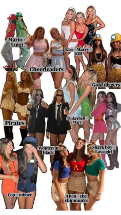 many different types of women dressed up in costumes with names and pictures on the front