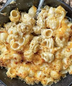 a skillet filled with macaroni and cheese