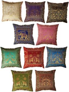 PRICES MAY VARY. Size : 16X16 Inch. (41x41 CM) Set Of Cushion Cover : 10 Cushion Cover Material- Silk Usage: Almost any For Home Decor Purpose Like- For Sofa, Decorative Accessories, Outdoor, Traveling, Living Room Accessories, Bed Room, For Gifts Perfect gift for weddings house-warmings engagements and anniversaries. This cushion set is really beautiful home decor item that can brighten up any room. Beautiful Silk Brocade Work increases the grandeur of these cushions and imparts the room a roya Indian Pillows, Colorful Patio, Silk Pillow Cover, Silk Cushions Covers, Silk Cushions, Handmade Pillow Covers, Décor Boho, Sofa Cushion Covers, Decorative Cushion Covers