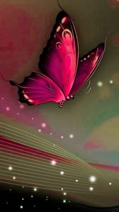 a pink butterfly flying in the air over a colorful background with lines and dots on it's wings