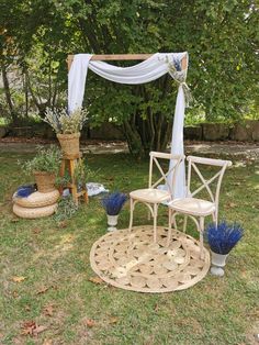 two chairs and a table in the grass