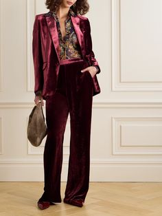 Etro's blazer is made from velvet and blended with touches of silk for added softness and luster. It's tailored in a single-breasted shape and has notch lapels and a burnished button engraved with the  'Pegaso' logo. Wear yours with the coordinating burgundy pants. Christmas Choir, Velvet Midi Skirt, Holiday Party Attire, Burgundy Outfit, Burgundy Pants, Logo Wear, Velvet Suit, Trouser Outfits, Floral Dresses Short