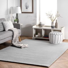 a living room scene with focus on the rug and sofa in the foreground,