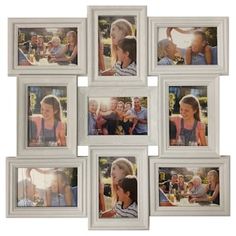 a group of pictures hanging on the side of a wall with multiple frames in front of them