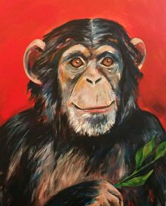 a painting of a chimpan holding a leafy plant in front of a red background