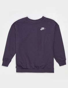 Nike Sportswear Club Fleece Oversized Crewneck Sweatshirt. This Oversized Sweatshirt Has Plenty Of Space Through The Arms And Body So No Matter Where You Are, You Always Feel Comfy And Relaxed. Smooth On The Outside, Brushed Soft On The Inside, This Lightweight Fleece Is An Easy Layer When You Want A Little Extra Warmth. A Classic For A Reason, The Embroidered Futura Logo On The Chest Gives This Crew Neck A Signature Club Fleece Look. Designed For Every Shape And Size, This New Improved Fit Is For All Kids. Extra Stretch In The Cuffs Provides Long-Lasting Comfort And Easy On And Off. Body: 80% Cotton, 20% Polyester. Rib: 97% Cotton, 3% Spandex. Machine Wash. Imported. | Nike Sportswear Club Fleece Girls Oversized Crewneck Sweatshirt Cute Nike Hoodies, Nike Hoodies, Nike Crewneck Sweatshirt, Nike Sportswear Club Fleece, Nike Crewneck, Oversized Crewneck, Cute Nike, Nike Sweatshirts, All Kids