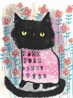 a painting of a black cat with a pink sweater on it's chest and flowers in the background