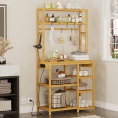 a wooden shelf filled with lots of items next to a white rug on the floor