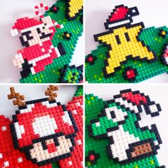 four pictures of christmas ornaments made out of legos