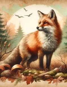 a painting of a fox standing in the woods with mushrooms and pine cones around it