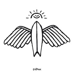 a black and white drawing of a surfboard with wings