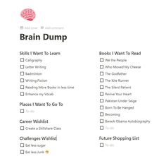 the brain dump checklist is filled with information