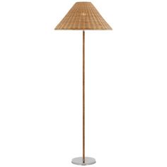 a floor lamp with a wooden shade on it