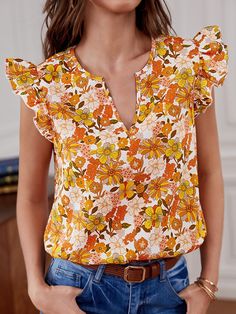 SHEIN Clasi Blusa Primaveral Con Mangas Flutter Y Estampado Floral | SHEIN USA Spring Blouses, Trendy Blouses, Blouse Outfit, Crop Blouse, العناية بالشعر, Blouse Styles, Cotton Tops, Printed Blouse, Flutter Sleeve