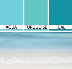 the color palette is aqua, turquoise, and teal with white sand on the beach