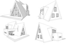 three different types of houses with windows and doors on each side, one in the shape of a house