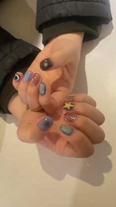 Short Nail Designs Witchy, Nail Inspo Indie, Nail Inspo Design Short, Subtle Cute Nails, Short Nail Abstract Designs, Nail Inspo Tyler The Creator, Nail Inspo Different Colors, Wallows Nails, Nail Ideas Funky