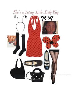 there is a woman's red dress and accessories in the picture, including shoes