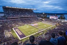 a football stadium filled with people watching a game on the field at night or in the evening