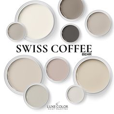 six different shades of coffee with the words swiss coffee behr on it in black and white