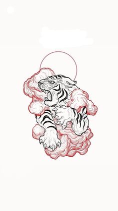 a drawing of a tiger sitting on top of clouds