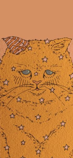 a drawing of a yellow cat with stars on it's head and eyes, sitting in front of an orange background