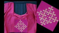 two pieces of pink cloth with embroidered designs on the front, and one piece of purple material in the back