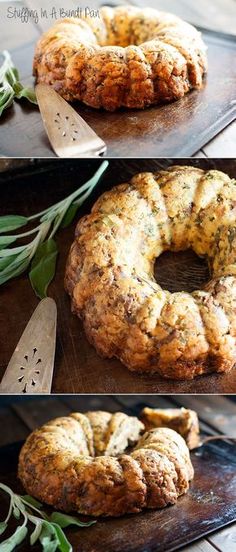 the process of making an olive and herb bread is shown in three different stages, including one being sliced