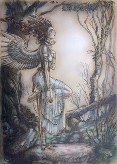 a drawing of a woman with an angel on her shoulder standing in front of trees