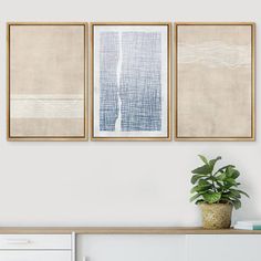 three framed art prints hanging on the wall above a white dresser with a potted plant