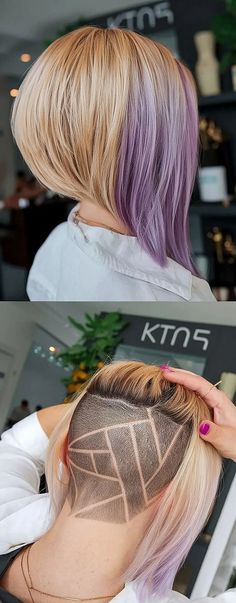 A stacked bob with an undercut featuring geometric designs and sleek purple accents The Undercut, Shaved Designs, Undercut Bob, Trendy Bob Hairstyles, Stacked Bob Hairstyles