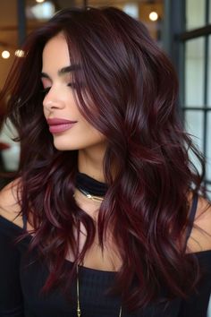 Click for More ➡️ | Save for Later ❤️  These luscious, long waves feature a blend of black cherry and chocolate tones, creating a rich, multi-dimensional look that shines beautifully in the light. Perfect for those with long hair who want a subtle yet striking change. (Chocolate Cherry Waves) Hair Styles With Colored Hair, Dimensional Fall Hair, Cherry Mocha Hair, Cherry Black Hair, Cherry Brunette Hair, Dark Cherry Cola Hair Color, Cherry Chocolate Hair, Chocolate Cherry Brown Hair, Chocolate Cherry Hair Color