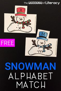 the snowman alphabet match is shown with three pictures on it and one has a hat