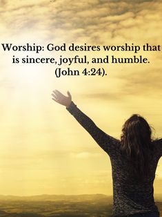 a woman raising her arms in worship with the sun shining behind her and bible verse