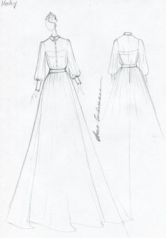 a drawing of a dress with long sleeves and a collared neckline is shown