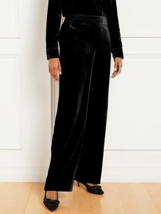 Embrace glamorous vibes this season in our oh-so-flattering wide leg pants. In effortless velvet. Fabulous for work and play. Features Wide Leg Hits At Waist Full Length Side zip closure Slash pockets Imported Fit: Misses: 31"; Petite: 28 1/2" Material: 76% Viscose, 24% Nylon Care: Hand Wash Cold; Only Non-Chlorine Bleach When Needed; Or Dry Clean; Turn Garment Inside Out; Line Dry; Warm Iron With Steam If Needed | Wide Leg Effortless Velvet Pants Talbots Chic Velvet Wide Leg Pants, Chic Velvet Trousers, Velvet Wide Leg Bottoms For Night Out, Velvet Wide Leg Pants For Work, Chic Wide-leg Velvet Pants, Full-length Velvet Bottoms For Night Out, Full Length Velvet Bottoms For Night Out, Elegant Velvet Trousers, Formal Velvet Wide Leg Bottoms