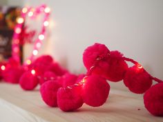 red pom - poms are on the shelf next to a book and some lights