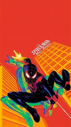 a spider - man flying through the air in front of tall buildings with neon colors