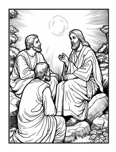 the three wise men are talking to each other while sitting on rocks in front of a sun