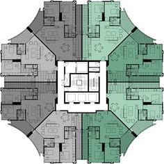 the floor plan for an office building with multiple floors and several rooms, all in different colors