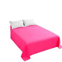 a pink bed with two white pillows on it and a pillow case in the middle