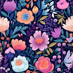 colorful flowers and leaves on a dark blue background with orange, pink, purple, and red colors