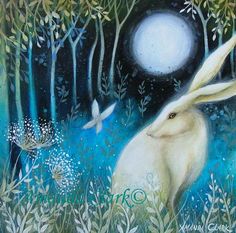 a painting of a white rabbit sitting in the middle of a forest with two birds flying by