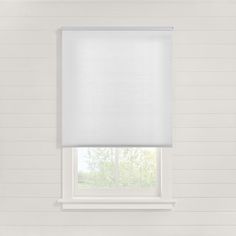 a window with white blinds in a room