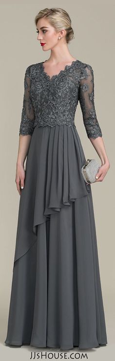 A-Line/Princess V-neck Floor-Length Chiffon Lace Mother of the Bride Dress With Beading Sequins Cascading Ruffles #JJsHouse Baju Kahwin, Bride Dress Lace, Afrikaanse Mode, 파티 드레스, Mother Of Groom Dresses, Cascading Ruffles, Bride Groom Dress, Mob Dresses, Resort Dresses